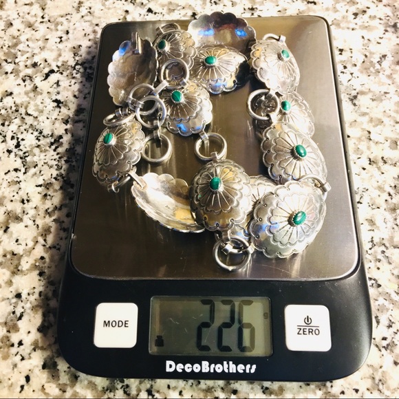 Vintage Navajo Handmade Concho Stamped Sterling Silver Malachite Belt Med Adjust - Picture 9 of 15